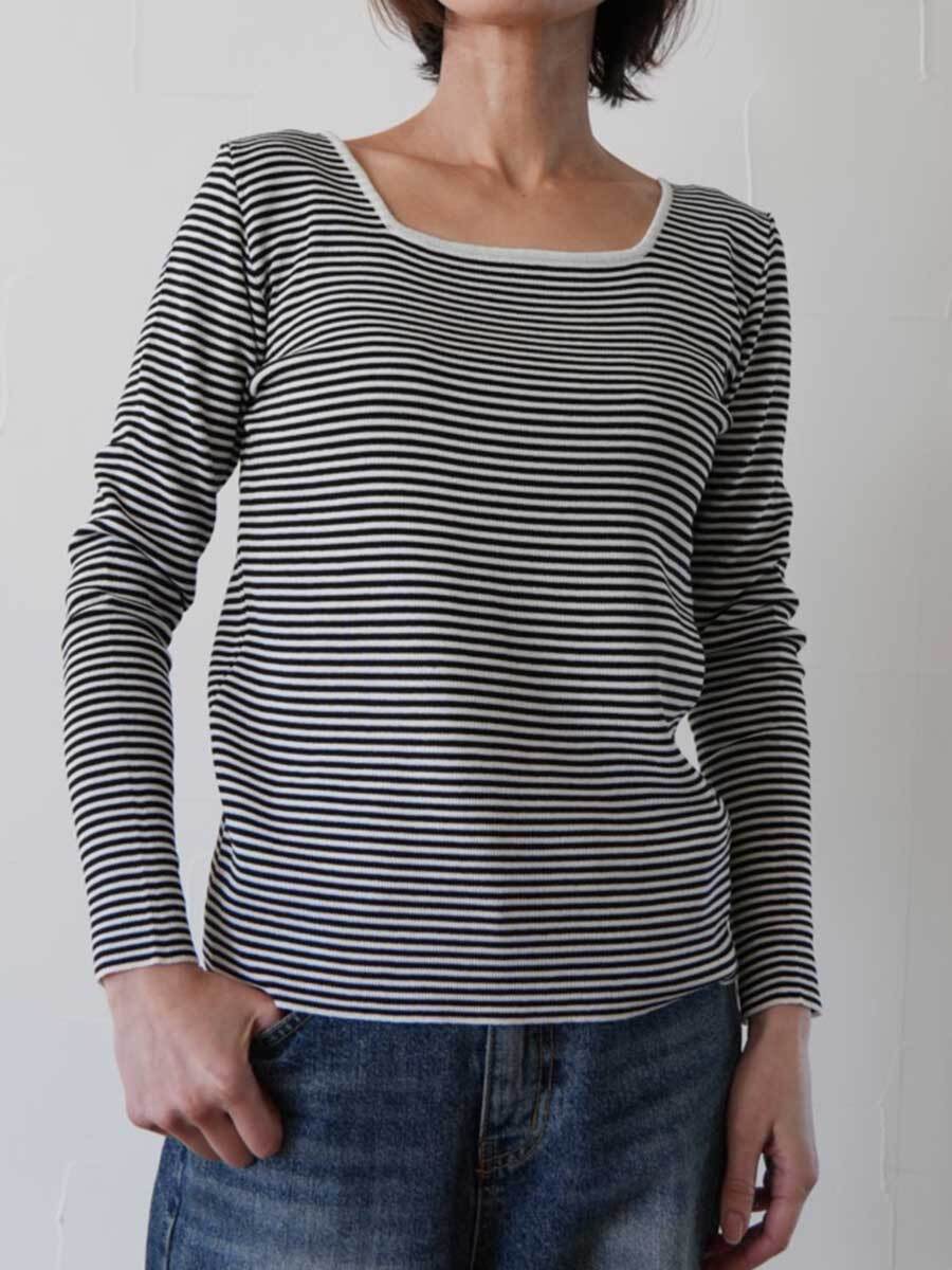 328. CLOCHE クロシェ / スクエアネックニット長袖-ボーダー柄-(オフ×ブラック/ブルー/グレー)  (612-85522)