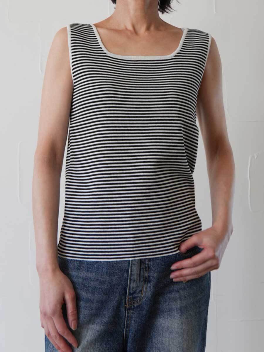 327. CLOCHE クロシェ / スクエアネックニットタンク-ボーダー柄-(オフ×ブルー/グレー/ブラック)  (612-85521)