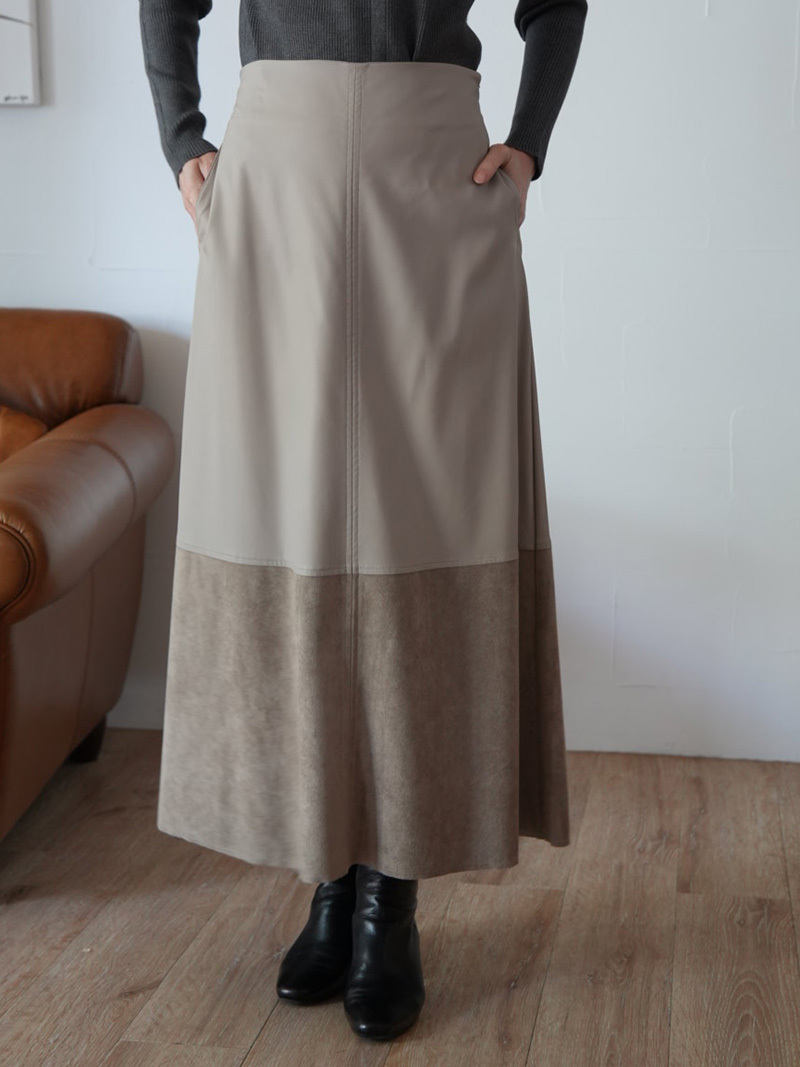 【SALE】273s. PRIORITY /プライオリティ 異素材バイカラースカート (グレージュ)（P57041BF）