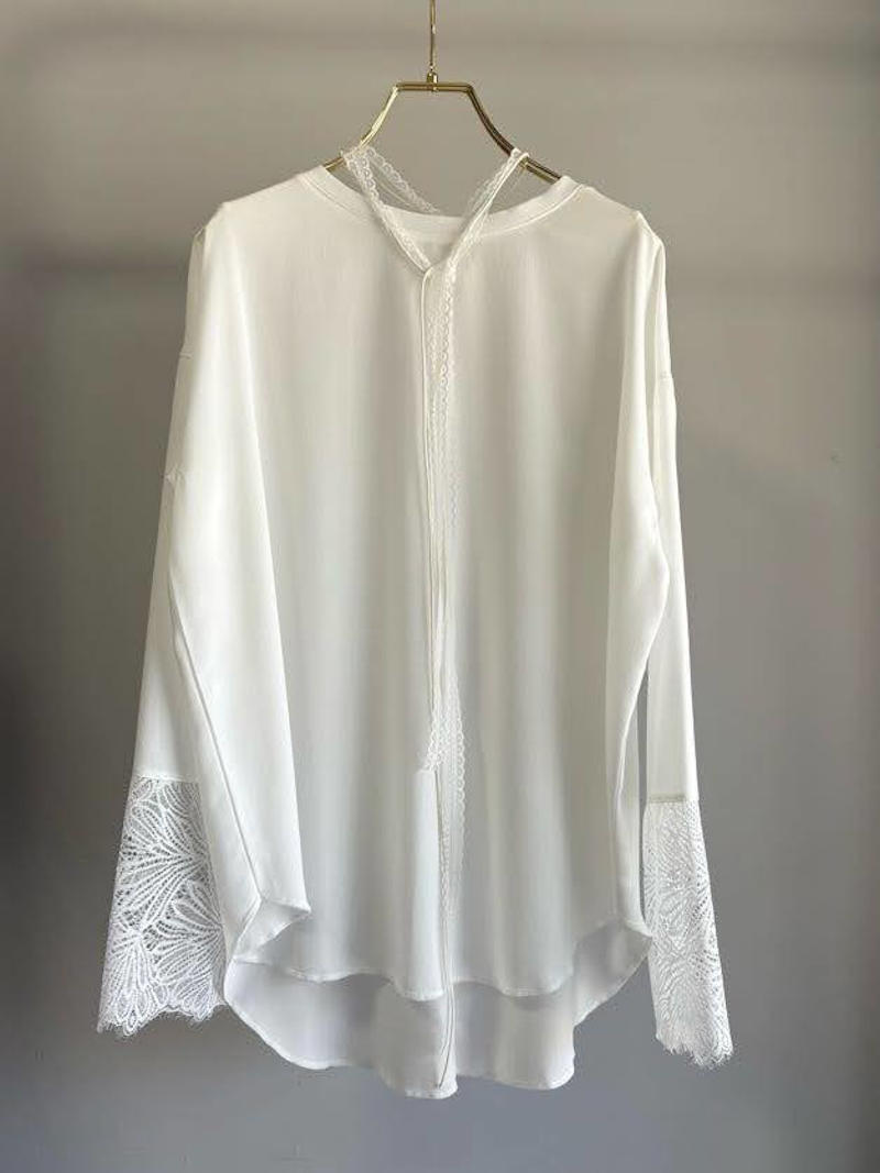 【7月入荷次第お届けのご予約】517.MARGAUX VINTAGE / マルゴー　シアーロンTEE カフスレース(オフホワイト/ブラック)　MG CT-26091-A