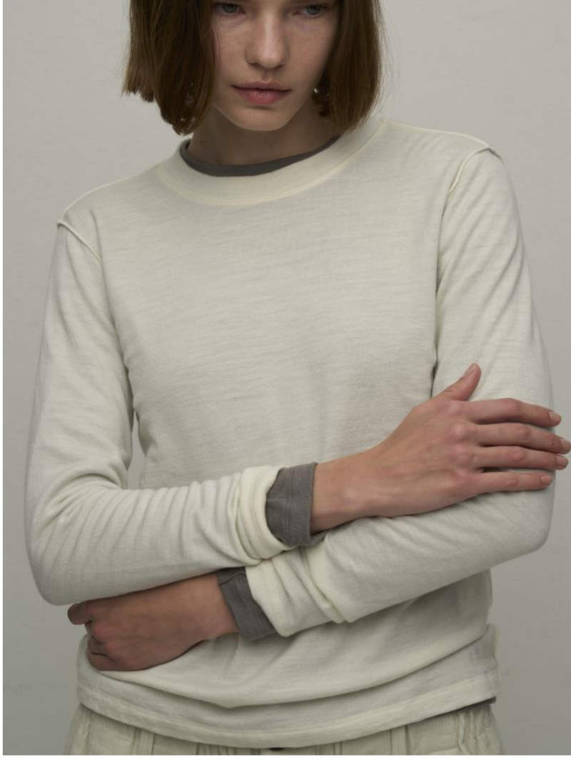 【8月入荷次第お届けのご予約】487. WYTE / ワイト Wool Jersey Σ LINE Vertical L/S T  ウール長袖Tシャツ(ホワイト/ブラック/ベージュ/グレー)  (12-40310)