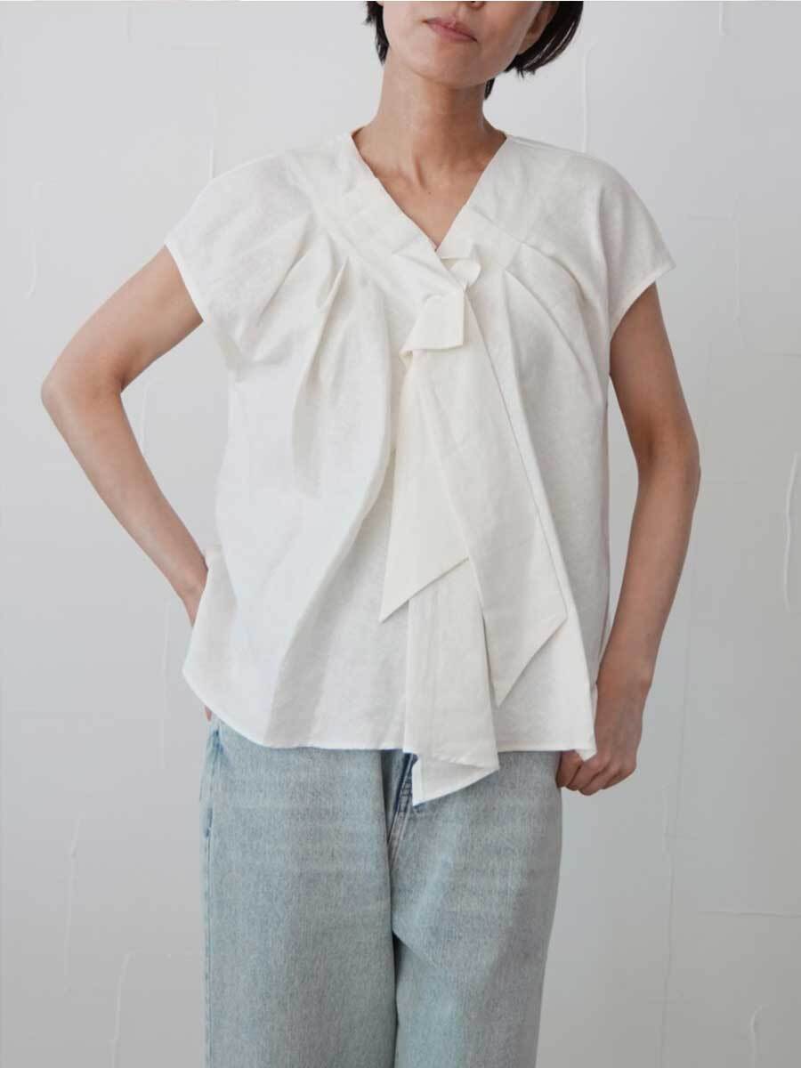 【SALE】412. PRIORITY/ プライオリティ アシメタックブラウス オフ/オートミール/ブラック（P62120JT）