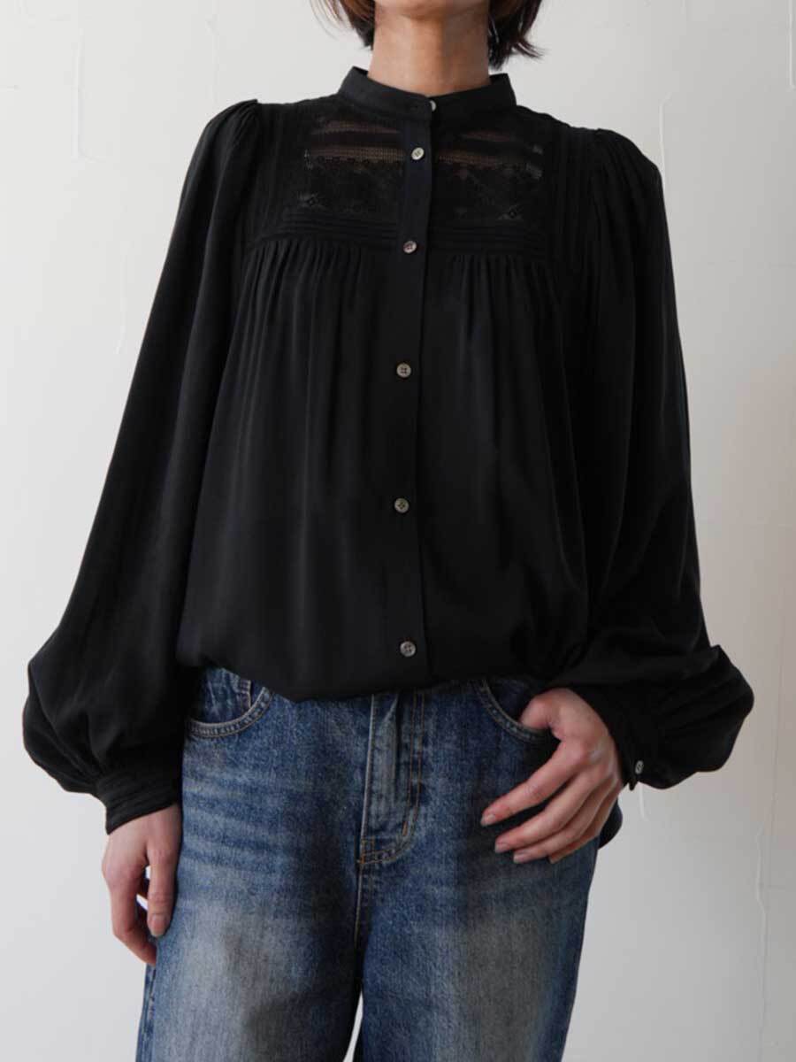 【SALE】358. cafune カフネ レースギャザーブラウス(white、black) (15910)