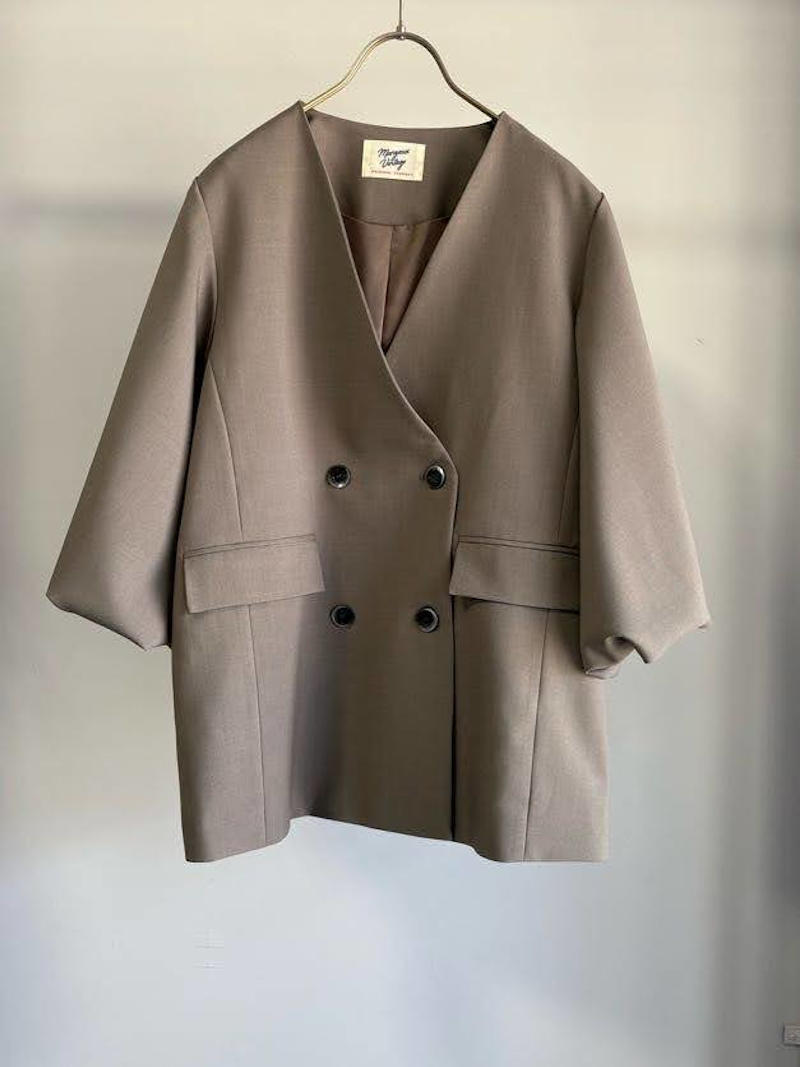 【7月入荷次第お届けのご予約】514.MARGAUX VINTAGE / マルゴー　バルーンスリーブノーカラーJK(グレージュ/ブラック)　MG JK-26088-A