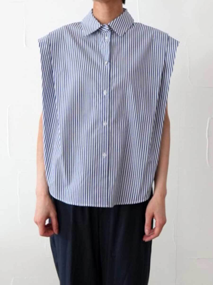 【SALE】457. CLOCHE クロシェ / ストライプノースリーブブラウス(ブルー/チャコール)  (612-85726)